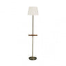 Lámpara de pie moderna en acero y cuero con mesita auxiliar integrada, diseño Abrila en beige y metal madera para iluminación interior y decoración doméstica en salón.