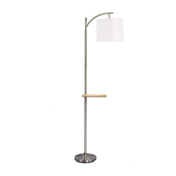Lámpara de pie moderna Abrila en níquel con pantalla de seda blanca textil, base de metal y madera con mesita integrada, diseño de interior para decoración contemporánea, modelo 156941003 ai2