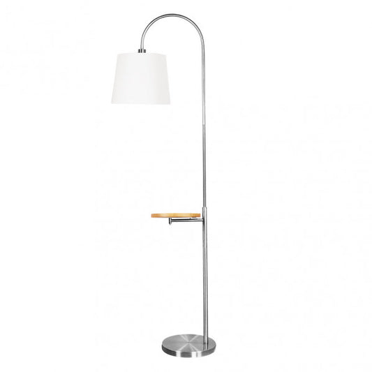 Lámpara de pie moderna en marfil y níquel con mesita integrada Abrila 157041003, diseño de iluminación interior para salón doméstico en metal, madera y textil blanco.