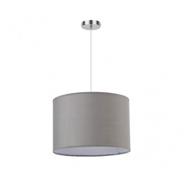 Colgante Chanza de Abrila en gris y cromo, diseño moderno 30x30 cm con bombilla E27, lámpara colgante de metal y textil para iluminación interior doméstica y decoración contemporánea.