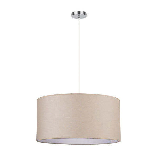 Colgante Chanza de Abrila en cromo y beige, diseño moderno 50x50 cm con 3 casquillos E27 para luz difusa, ideal para decoración interior doméstica con textil y metal.