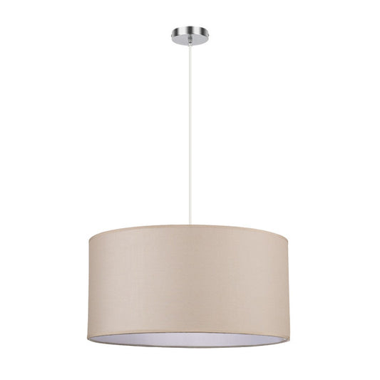 Colgante Chanza de Abrila en cromo y beige, diseño moderno 50x50 cm con 3 casquillos E27 para luz difusa, ideal para decoración interior doméstica con textil y metal.