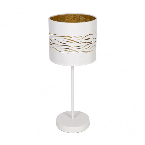 Lámpara de sobremesa Niebla en blanco y oro de Abrila, diseño moderno con iluminación difusa de 43x17x17 cm, ideal para decoración interior doméstica en metal y textil.