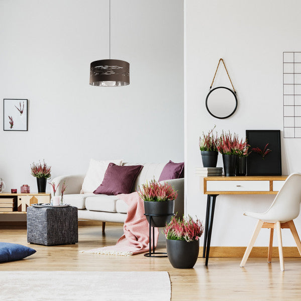 Colgante de techo Niebla 1xE27 en acabado cromo, marrón y plata de Abrila, diseño moderno de metal y textil de 40x40 cm para iluminación interior doméstica y decoración contemporánea (ref. 157794079)