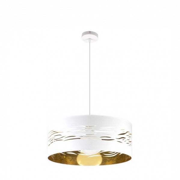 Lámpara colgante Niebla en blanco y oro de 50 cm, diseño contemporáneo de Abrila con casquillo E27, ideal para iluminación doméstica en hogar moderno, fabricada en metal y textil.