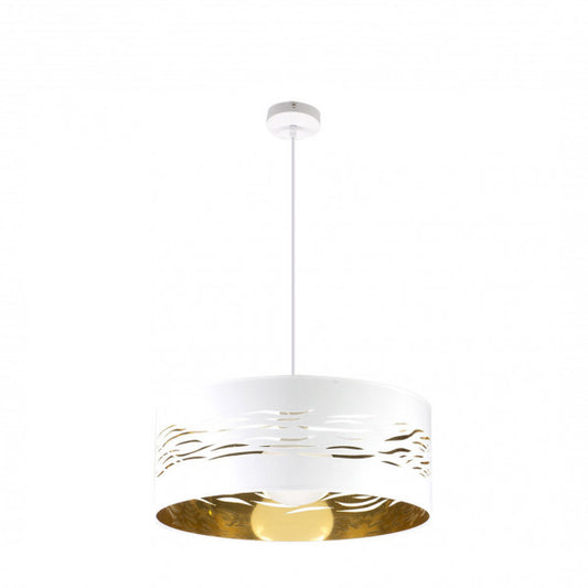 Lámpara colgante Niebla en blanco y oro de 50 cm, diseño contemporáneo de Abrila con casquillo E27, ideal para iluminación doméstica en hogar moderno, fabricada en metal y textil.