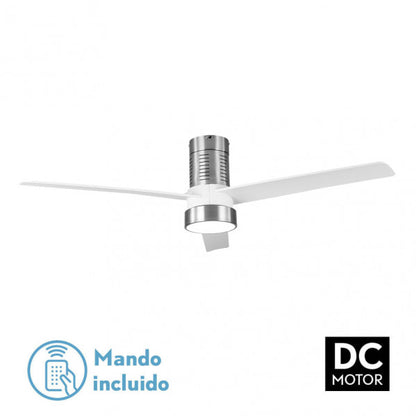 Ventilador de techo DC Teo en níquel y blanco de Abrila, 24W con motor eficiente, luz LED integrada regulable, control remoto y diseño moderno para interiores domésticos en metal, metacrilato y policarbonato.