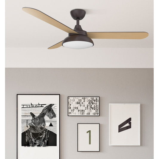 Ventilador de techo DC Umi 24W en color marrón con 3 aspas reversibles, control remoto y LED integrado, ideal para ventilación en verano e invierno en interiores domésticos, marca Abrila modelo 158891302