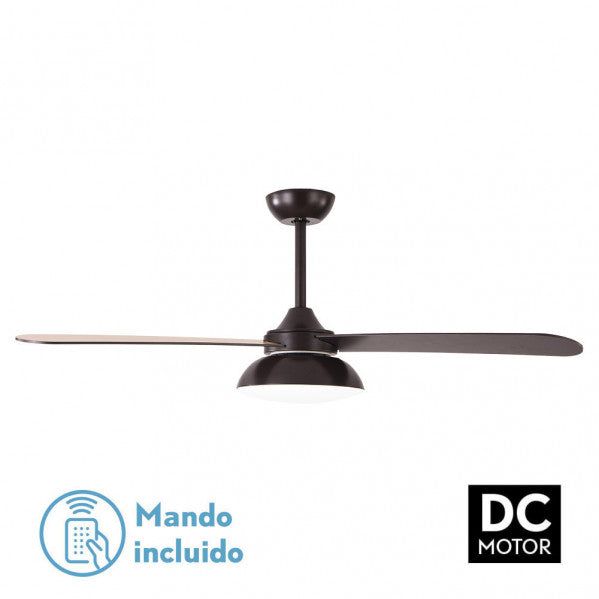 Ventilador de techo DC Umi 24W en color marrón con 3 aspas reversibles, control remoto incluido y LED integrado para iluminación. Modelo Abrila ideal para ventilación en verano e invierno en interiores domésticos, eficiente y silencioso.