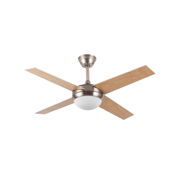 Ventilador de techo Ciro DC en níquel con aspas reversibles en haya y wengué, modelo Abrila 159092433, motor eficiente DC, control remoto y temporizador para ventilación interior en el hogar