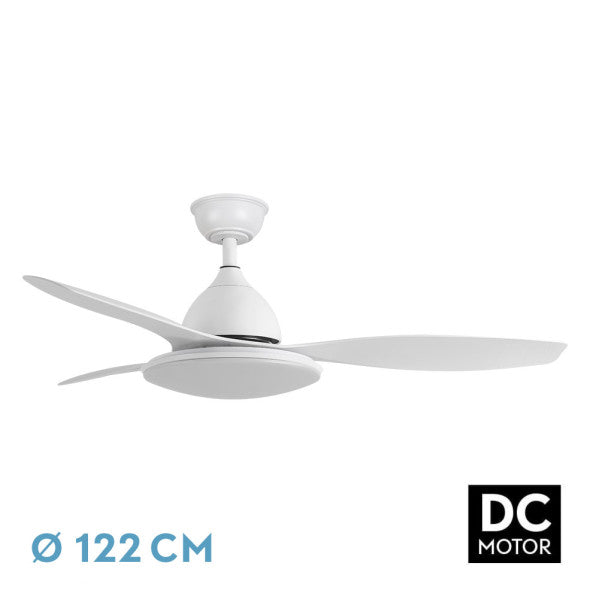 Ventilador de techo Yael blanco de 72W con motor DC, 6 velocidades y luz LED integrada ajustable, modelo Abrila 159391301 para interior doméstico, diseño moderno AI2 en color blanco.