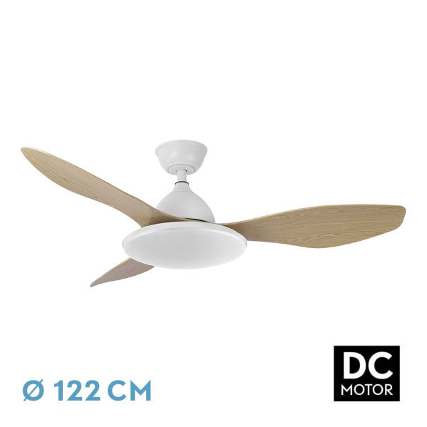 Ventilador de techo YAEL DC 72W en blanco y haya de Abrila, modelo 159391368 con motor DC eficiente, aspas normales, LED integrado y materiales de metal, ABS y policarbonato para interiores domésticos.