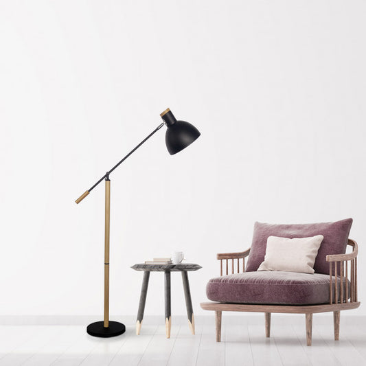Lámpara de pie Biel en negro y haya de 151x25x70 cm, diseño vintage moderno de Abrila para iluminación interior en salón doméstico, estructura de metal y madera AI2.