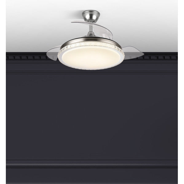 Ventilador de techo Biliku 72W en níquel con 3 aspas retráctiles, LED integrado y motor DC | Abrila modelo 165191403 para ventilación interior doméstica en verano e invierno