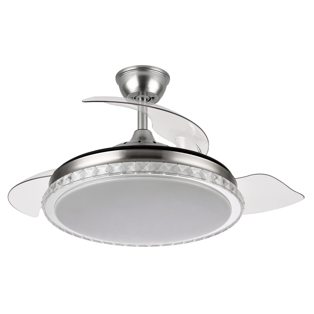 Ventilador de techo Biliku 72W en níquel con 3 aspas retráctiles, LED integrado y motor DC para ventilación en verano e invierno, modelo Abrila 165191403 ideal para interiores domésticos.