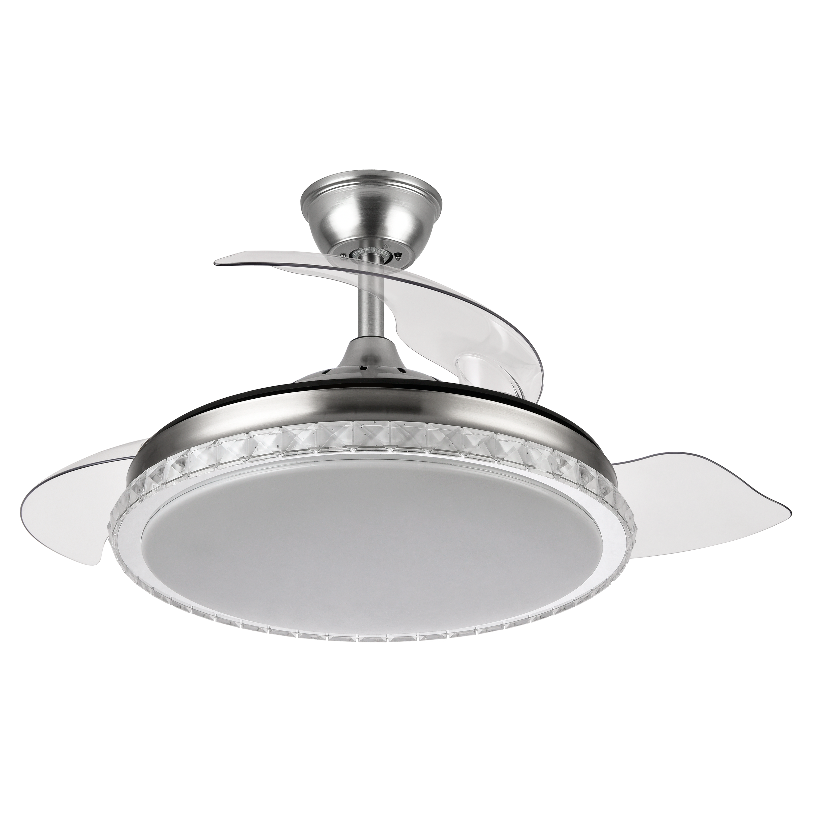 Ventilador de techo Biliku 72W en níquel con 3 aspas retráctiles, LED integrado y motor DC para ventilación en verano e invierno, modelo Abrila 165191403 ideal para interiores domésticos.