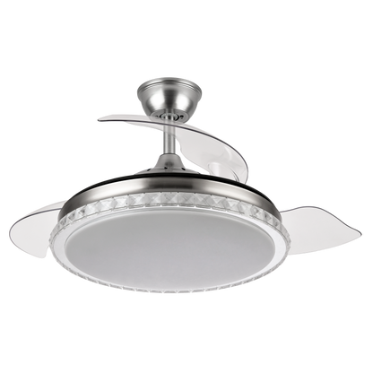 Ventilador de techo Biliku 72W en níquel con 3 aspas retráctiles, LED integrado y motor DC para ventilación en verano e invierno, modelo Abrila 165191403 ideal para interiores domésticos.