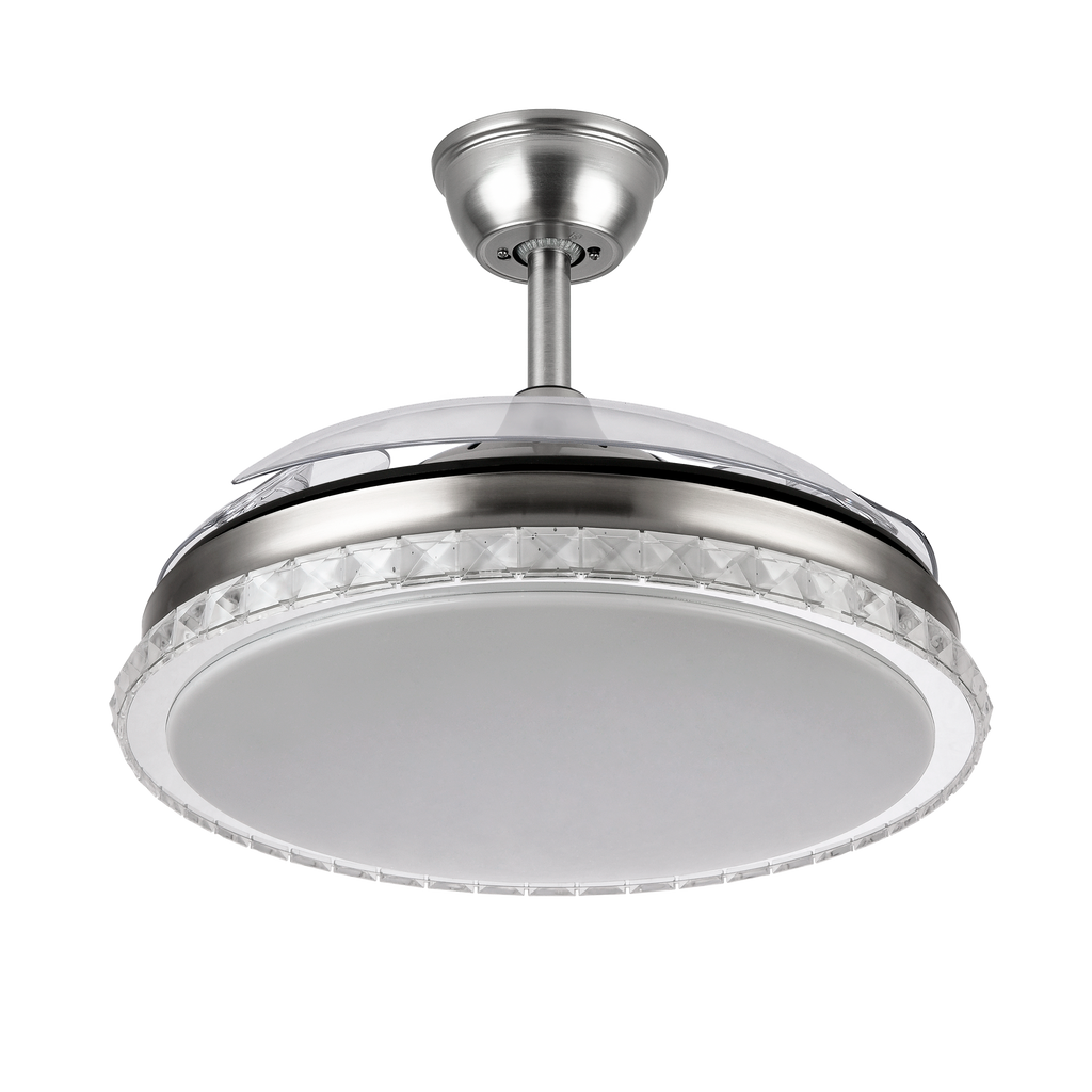 Ventilador de techo Biliku 72W en níquel con 3 aspas retráctiles, marca Abrila modelo 165191403, motor DC eficiente, LED integrado y función ventilación verano-invierno para interiores domésticos.