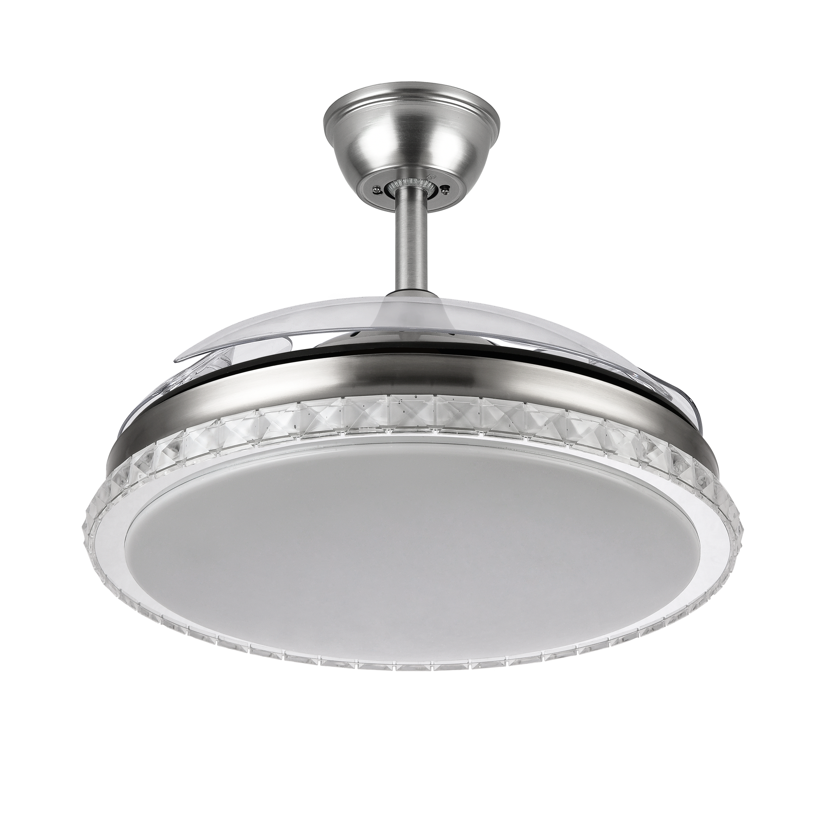 Ventilador de techo Biliku 72W en níquel con 3 aspas retráctiles, marca Abrila modelo 165191403, motor DC eficiente, LED integrado y función ventilación verano-invierno para interiores domésticos.