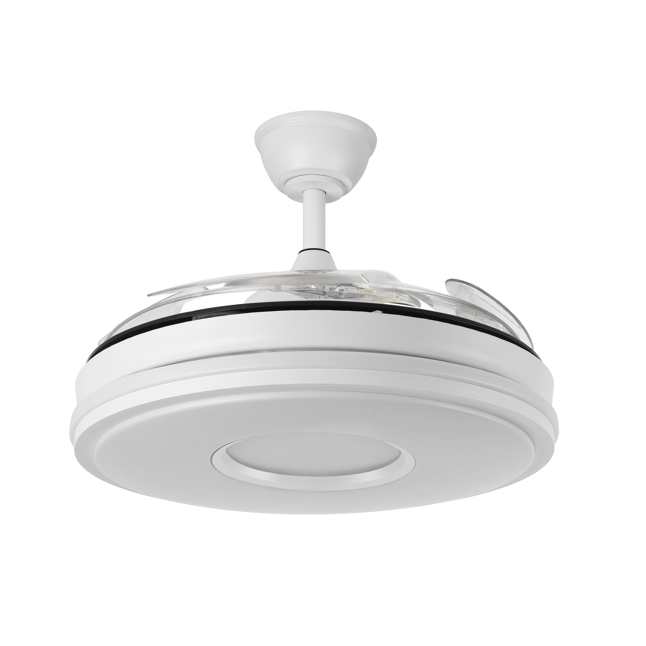 Ventilador techo Dani Blanco de 107 cm de Abrila con aspas retráctiles y mando a distancia. Incluye motor DC y luz LED regulable, ideal para ahorro de energía en interiores.