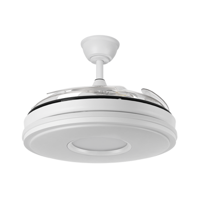 Ventilador techo Dani Blanco de 107 cm de Abrila con aspas retráctiles y mando a distancia. Incluye motor DC y luz LED regulable, ideal para ahorro de energía en interiores.