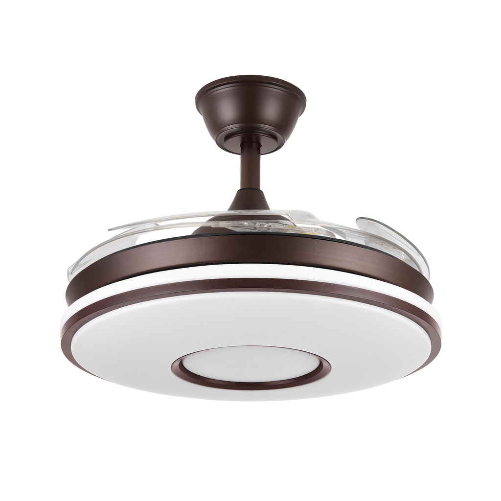 Ventilador de techo retráctil Dani 59W en color marrón de Abrila, con aspas plegables, motor DC eficiente y LED integrado regulable para iluminación interior doméstica, modelo 165391402.