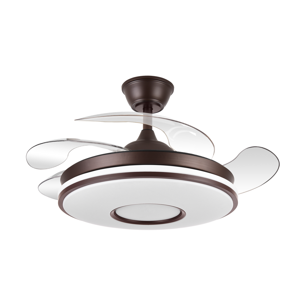 Ventilador de techo retráctil Dani 59W en color marrón de Abrila, con aspas plegables, motor DC eficiente, LED integrado con iluminación regulable, diseño doméstico para interiores, modelo 165391402 ideal para ventilación y ahorro de espacio.