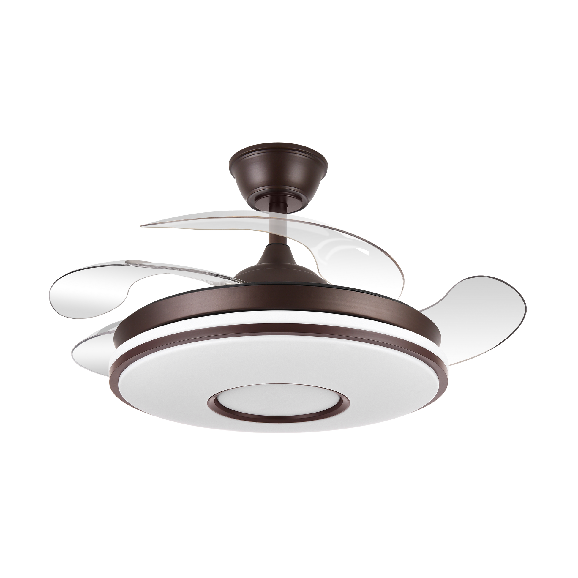 Ventilador de techo retráctil Dani 59W en color marrón de Abrila, con aspas plegables, motor DC eficiente, LED integrado con iluminación regulable, diseño doméstico para interiores, modelo 165391402 ideal para ventilación y ahorro de espacio.