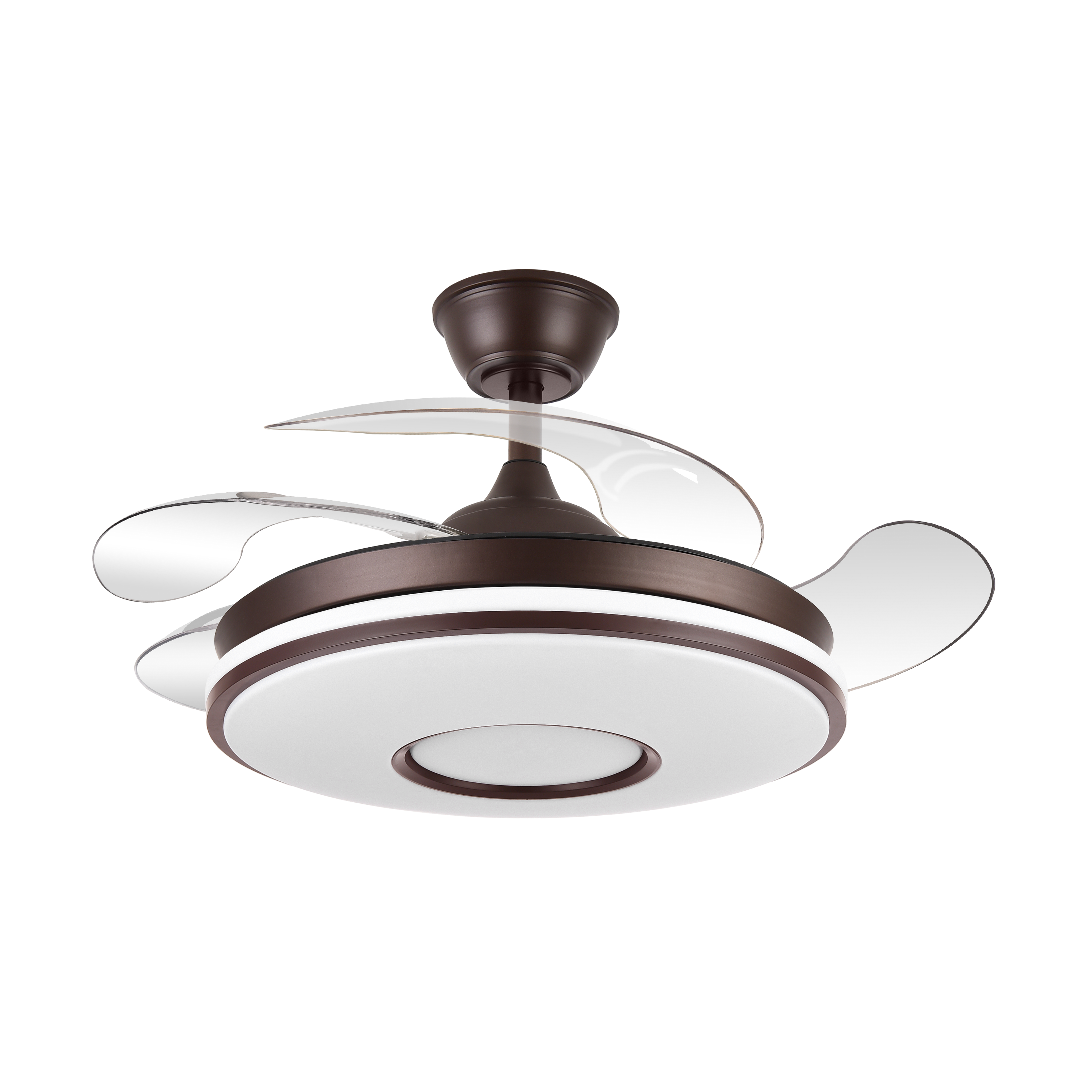 Ventilador de techo retráctil Dani 59W en color marrón de Abrila, con aspas plegables, motor DC eficiente, LED integrado con iluminación regulable, diseño doméstico para interiores, modelo 165391402 ideal para ventilación y ahorro de espacio.