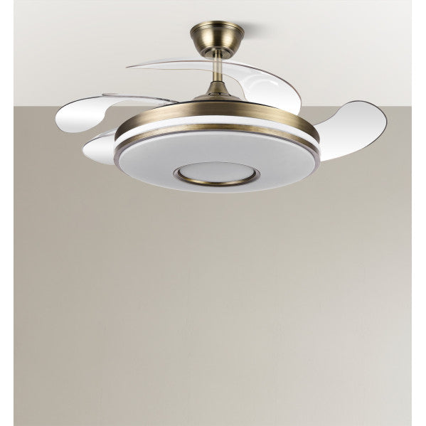 Ventilador de techo Dani Cuero de 107 cm con aspas retráctiles, acabado en cuero genuino, motor DC eficiente y luz LED integrada regulable para interiores domésticos - Modelo Abrila 165391414