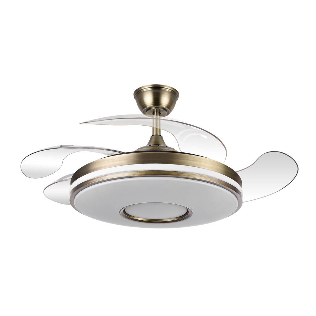 Ventilador de techo Dani Cuero de 107 cm con aspas retráctiles en acabado cuero, modelo Abrila 165391414, equipado con LED integrado y luz regulable, motor DC eficiente para uso doméstico interior.