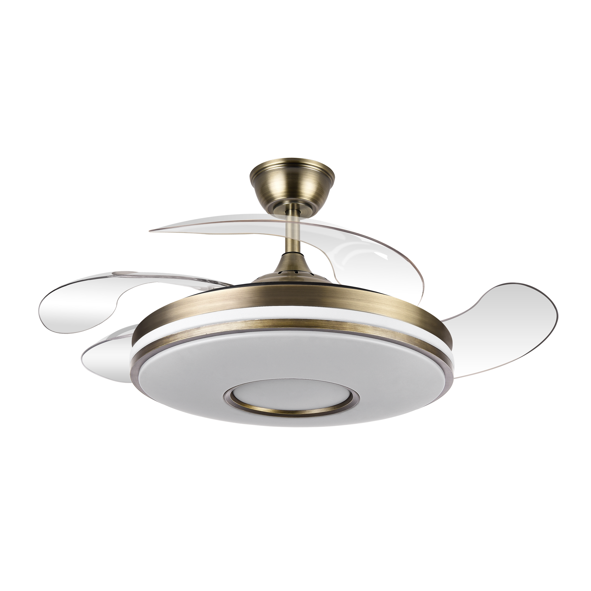 Ventilador de techo Dani Cuero de 107 cm con aspas retráctiles en acabado cuero, modelo Abrila 165391414, equipado con LED integrado y luz regulable, motor DC eficiente para uso doméstico interior.