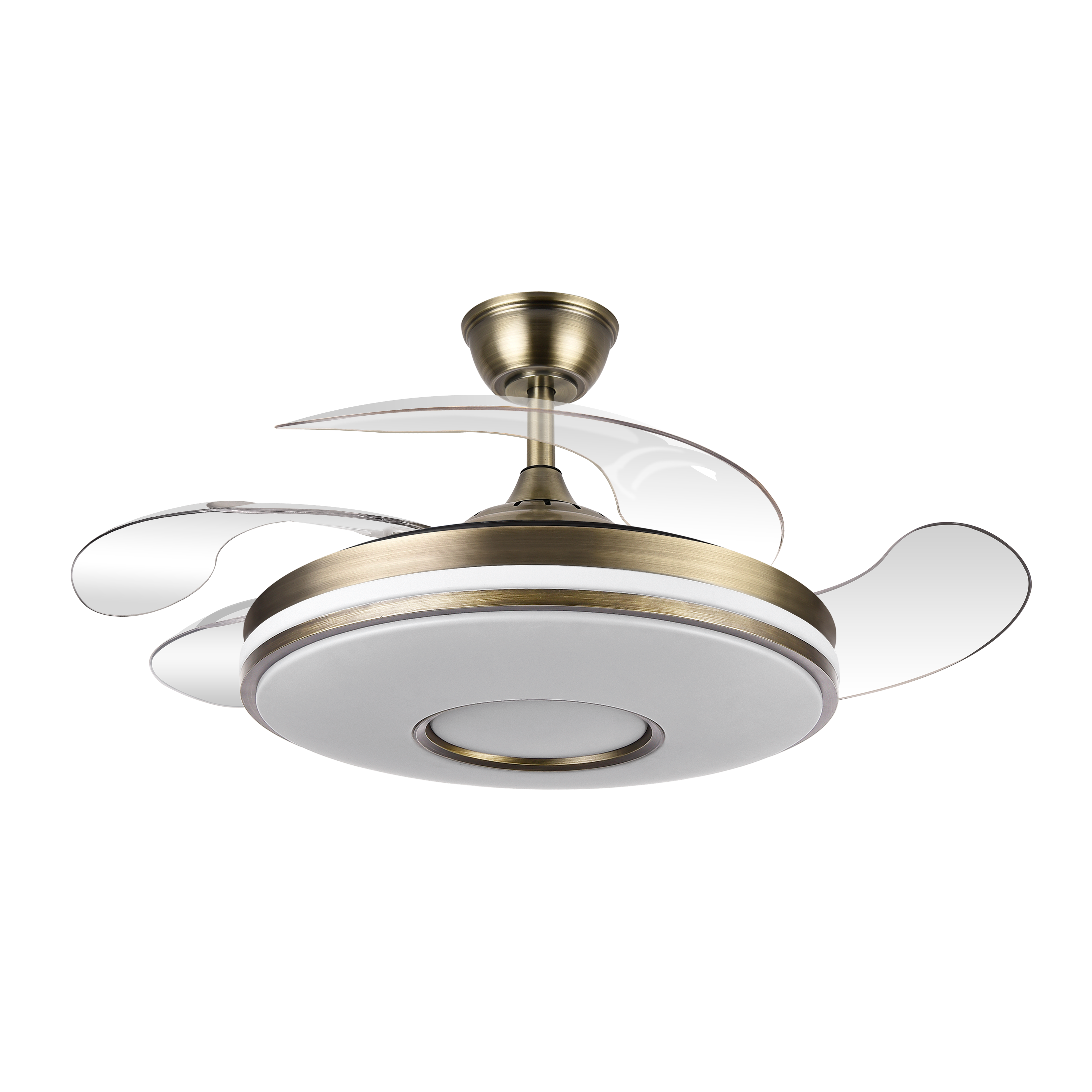 Ventilador de techo Dani Cuero de 107 cm con aspas retráctiles en acabado cuero, modelo Abrila 165391414, equipado con LED integrado y luz regulable, motor DC eficiente para uso doméstico interior.