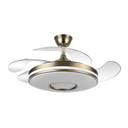 Ventilador de techo Dani Cuero de 107 cm con aspas retráctiles en acabado cuero, modelo Abrila 165391414, equipado con LED integrado y luz regulable, motor DC eficiente para uso doméstico interior.