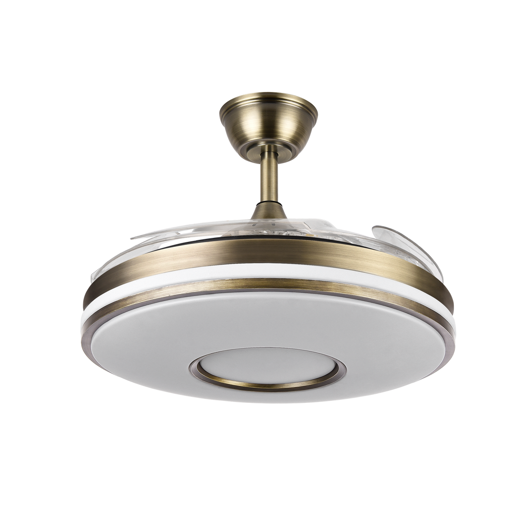 Ventilador de techo Dani en cuero de 107 cm con aspas retráctiles, motor DC eficiente y luz LED integrada regulable, modelo Abrila 165391414 para interiores domésticos.