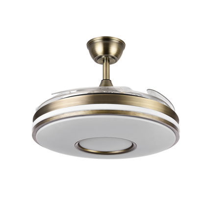 Ventilador de techo Dani en cuero de 107 cm con aspas retráctiles, motor DC eficiente y luz LED integrada regulable, modelo Abrila 165391414 para interiores domésticos.