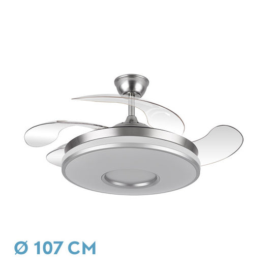 Ventilador de techo Dani en níquel satinado de 107 cm con aspas retráctiles, luz LED integrada y motor DC eficiente, modelo Abrila 165391420 para interiores domésticos con velocidad regulable.