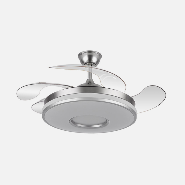 Ventilador de techo Dani en níquel satinado de 107 cm con aspas retráctiles, motor DC eficiente y LED integrado regulable, modelo Abrila 165391420 para interiores domésticos.