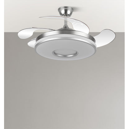 Ventilador de techo Dani en níquel satinado de 107 cm con aspas retráctiles, motor DC eficiente y luz LED integrada regulable, ideal para interiores domésticos de la marca Abrila (modelo 165391420).