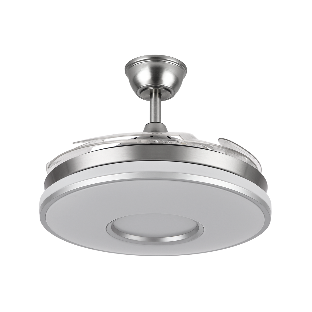 Ventilador de techo Dani en níquel satinado de 107 cm con aspas retráctiles, motor DC eficiente, luz LED integrada regulable y diseño moderno para interiores domésticos - Abrila modelo 165391420