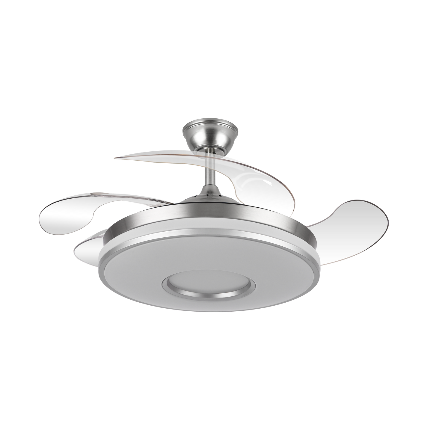 Ventilador de techo Dani en níquel satinado de 107 cm con aspas retráctiles, motor DC eficiente y luz LED integrada regulable, modelo Abrila 165391420 para interiores domésticos.