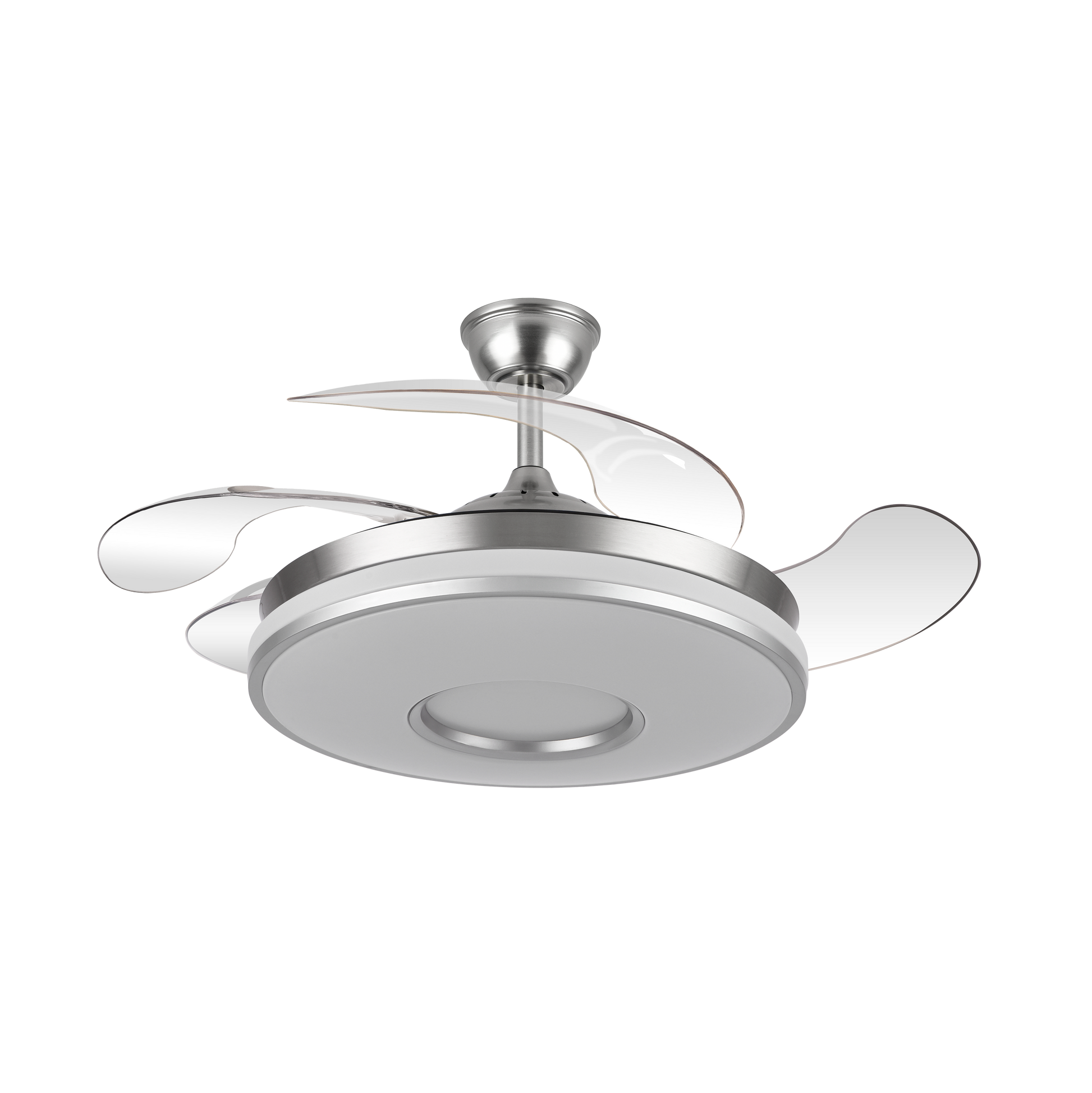 Ventilador de techo Dani en níquel satinado de 107 cm con aspas retráctiles, motor DC eficiente y luz LED integrada regulable, modelo Abrila 165391420 para interiores domésticos.