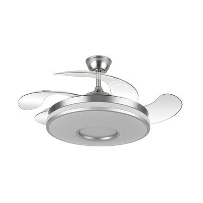 Ventilador de techo Dani en níquel satinado de 107 cm con aspas retráctiles, motor DC eficiente y luz LED integrada regulable, modelo Abrila 165391420 para interiores domésticos.