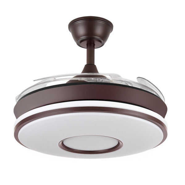 Ventilador de techo Dani Mini Marrón 59W de Abrila con LED integrado y motor DC, modelo 165399002. Diseño elegante en color marrón con aspas retráctiles para un hogar confortable. Incluye control remoto para fácil manejo.