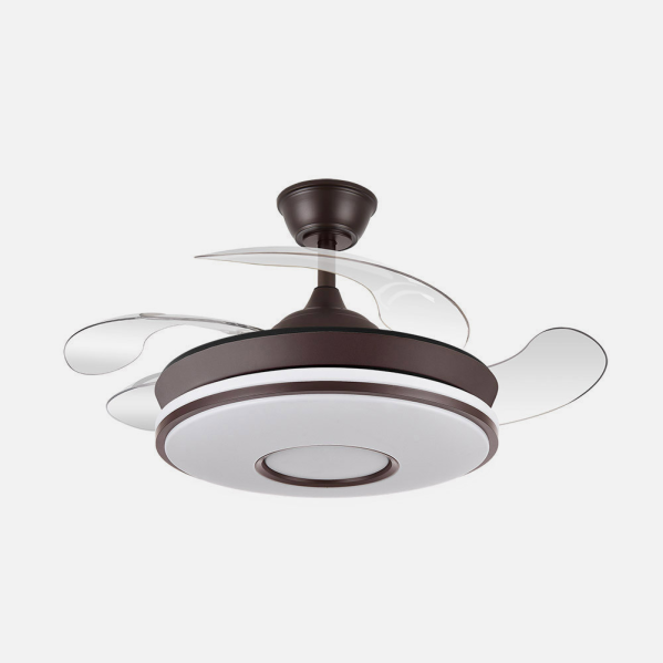 Ventilador de techo Dani Mini Marrón de 59W con LED integrado y motor DC, modelo 165399002 de Abrila. Diseño elegante en color marrón con aspas retráctiles para un flujo de aire óptimo. Incluye mando a distancia para un control cómodo. Ideal para crear un ambiente confortable en el hogar.