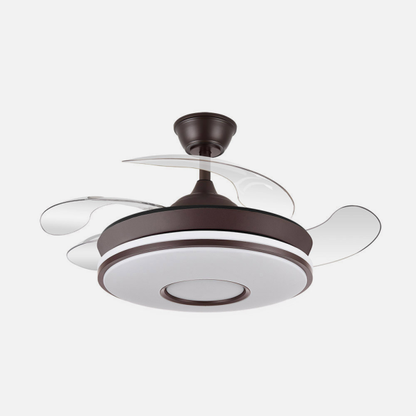 Ventilador de techo Dani Mini Marrón de 59W con LED integrado y motor DC, modelo 165399002 de Abrila. Diseño elegante en color marrón con aspas retráctiles para un flujo de aire óptimo. Incluye mando a distancia para un control cómodo. Ideal para crear un ambiente confortable en el hogar.