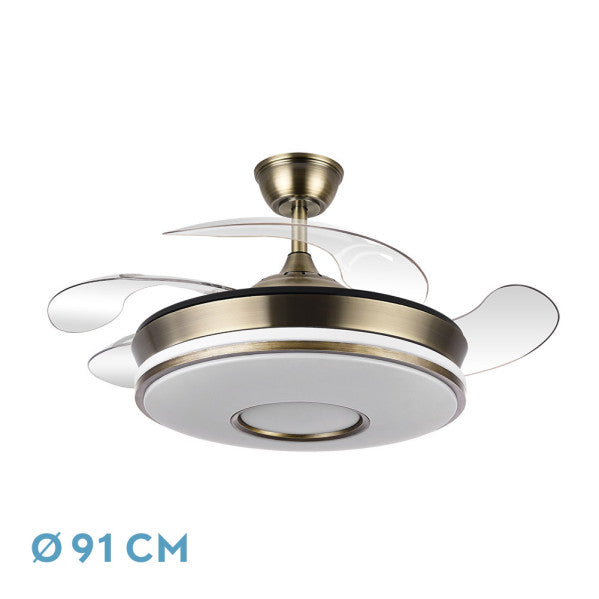 Aspas retráctiles de ventilador de techo Dani Cuero by Abrila en tonos neutros, con lámparas LED integradas. Motor eficiente con tecnología DC y seis velocidades ajustables, ideal para interiores domésticos, modelo 165399014.

**Variaciones recomendadas para acciones específicas:**

1. **Para fomentar el clic:** Ventilador de techo Dani Cuero con luz LED ajustable y aspas retráctiles. Diseño moderno y eficiente, perfecto para interiores domésticos.

2. **Para contar una historia:** Descubre el ventilador de