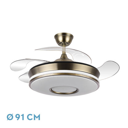 Aspas retráctiles de ventilador de techo Dani Cuero by Abrila en tonos neutros, con lámparas LED integradas. Motor eficiente con tecnología DC y seis velocidades ajustables, ideal para interiores domésticos, modelo 165399014.

**Variaciones recomendadas para acciones específicas:**

1. **Para fomentar el clic:** Ventilador de techo Dani Cuero con luz LED ajustable y aspas retráctiles. Diseño moderno y eficiente, perfecto para interiores domésticos.

2. **Para contar una historia:** Descubre el ventilador de