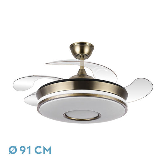 Aspas retráctiles de ventilador de techo Dani Cuero by Abrila en tonos neutros, con lámparas LED integradas. Motor eficiente con tecnología DC y seis velocidades ajustables, ideal para interiores domésticos, modelo 165399014.

**Variaciones recomendadas para acciones específicas:**

1. **Para fomentar el clic:** Ventilador de techo Dani Cuero con luz LED ajustable y aspas retráctiles. Diseño moderno y eficiente, perfecto para interiores domésticos.

2. **Para contar una historia:** Descubre el ventilador de