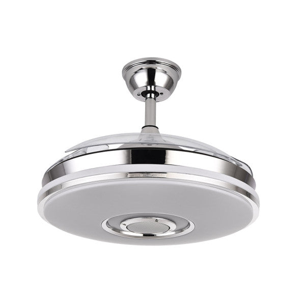 Ventilador de techo retráctil Noto en acabado cromo de Abrila, modelo 165791420 con 72W de potencia, motor DC eficiente, aspas plegables, iluminación LED RGB multicolor, altavoz Bluetooth integrado para música y diseño doméstico interior moderno.
